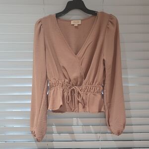 Juniors Mauve-Pink Wrap Peplum Blouse with Tie Waist